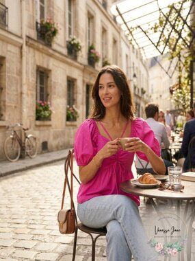 Aqua Cutout Puff Sleeve Top, Hot pink,Size Small